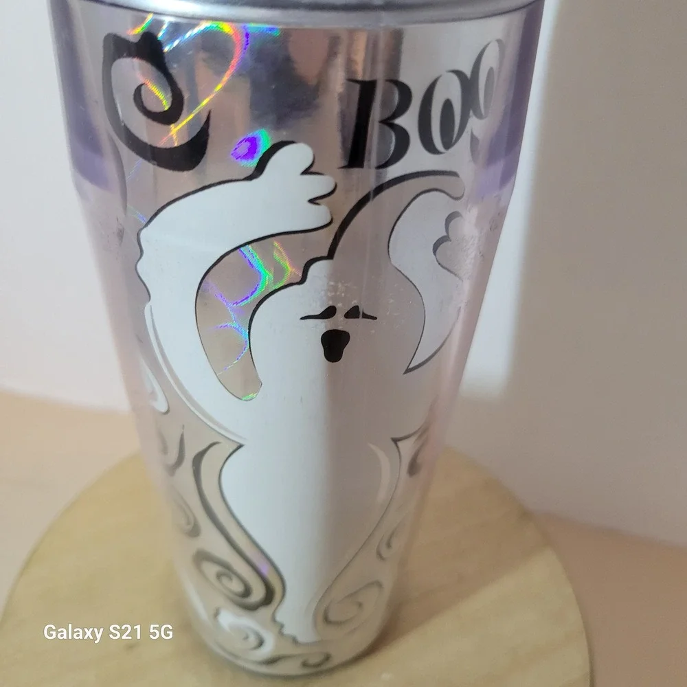 Starbucks 2004 Halloween Ghost Tumbler 16oz Holographic Silver Travel Mug BOO